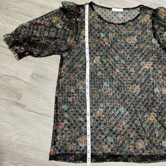 Tiny Willow Sheer Net Puff Sleeve Swiss Dot Floral Blouse Black Women’s S/M - Picture 11 of 14